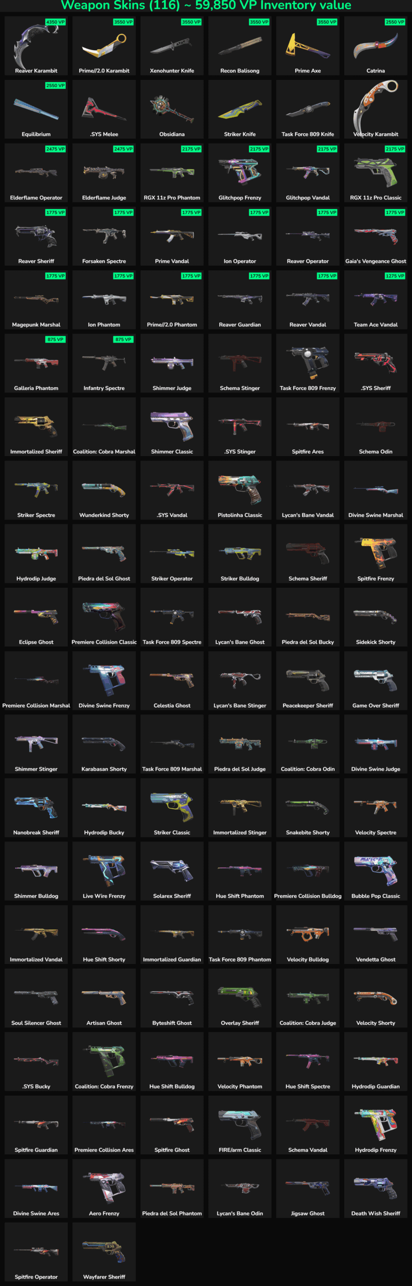 Fortnite inactive skins with various weapons and accessories for sale.