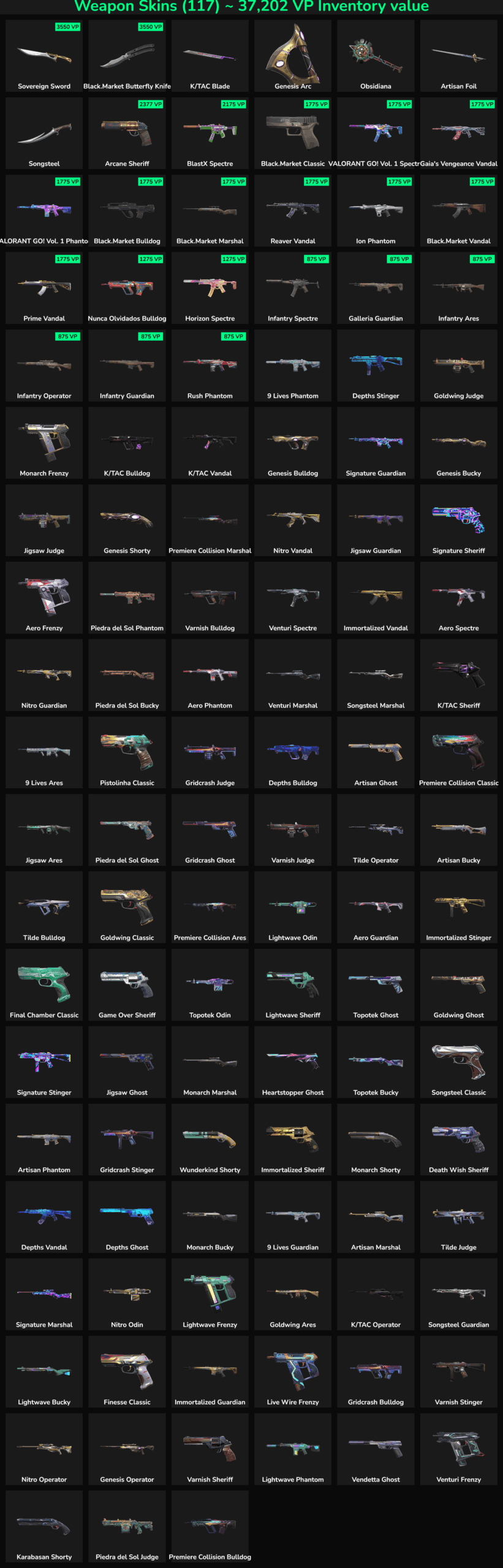 Collection of inactive Fortnite skins and weapons for sale.
