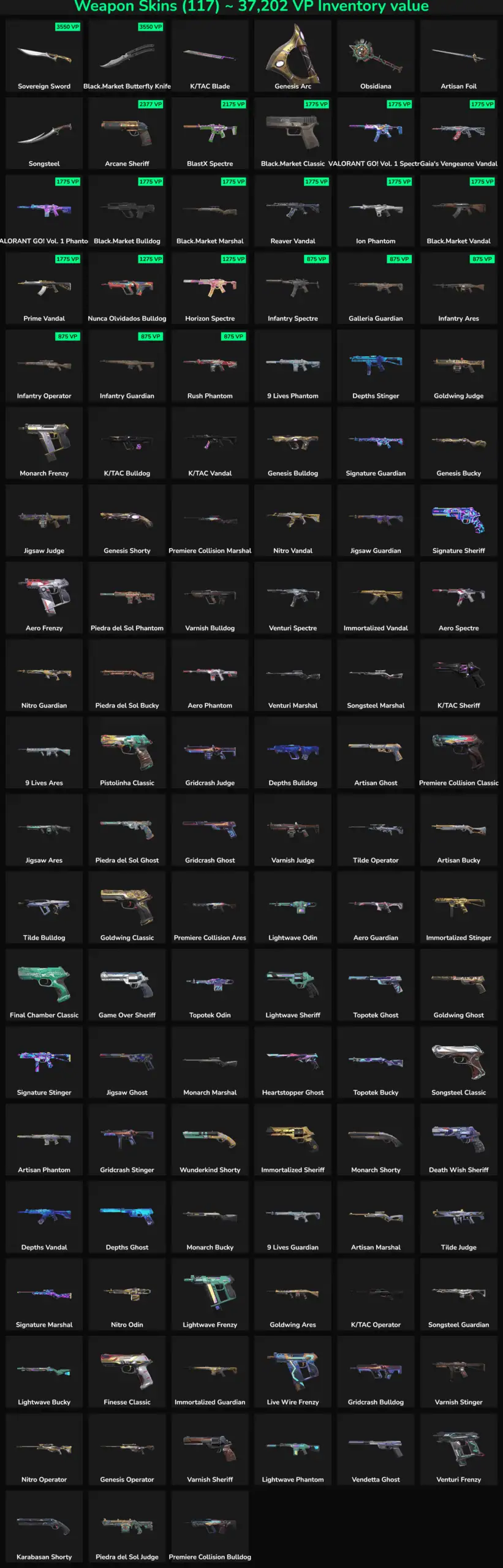 Collection of inactive Fortnite skins and weapons for sale.