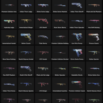 Collection of 85 inactive Fortnite skins with weapons and accessories.