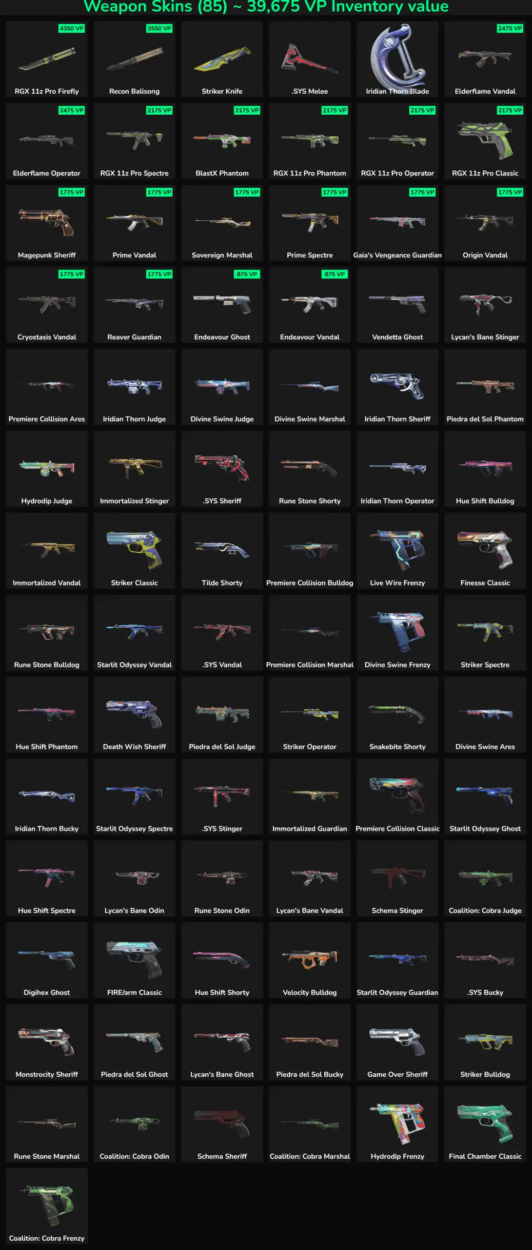 Collection of 85 inactive Fortnite skins with weapons and accessories.