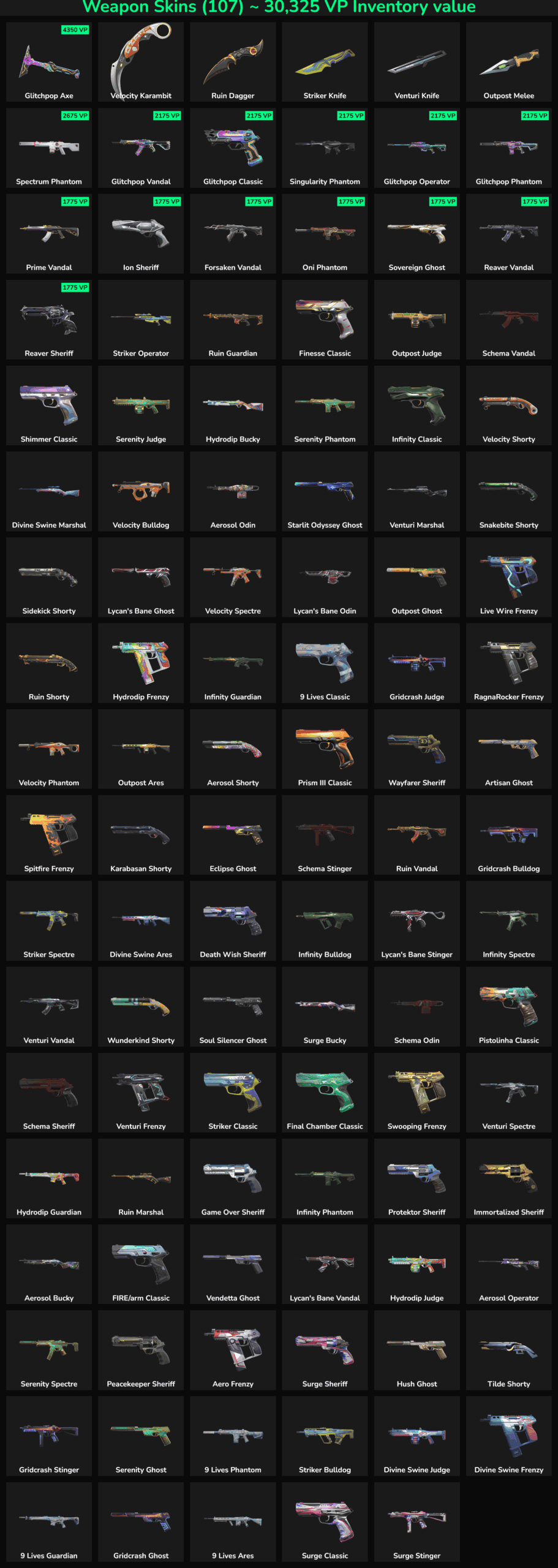 Collection of 107 inactive Fortnite skins for sale.