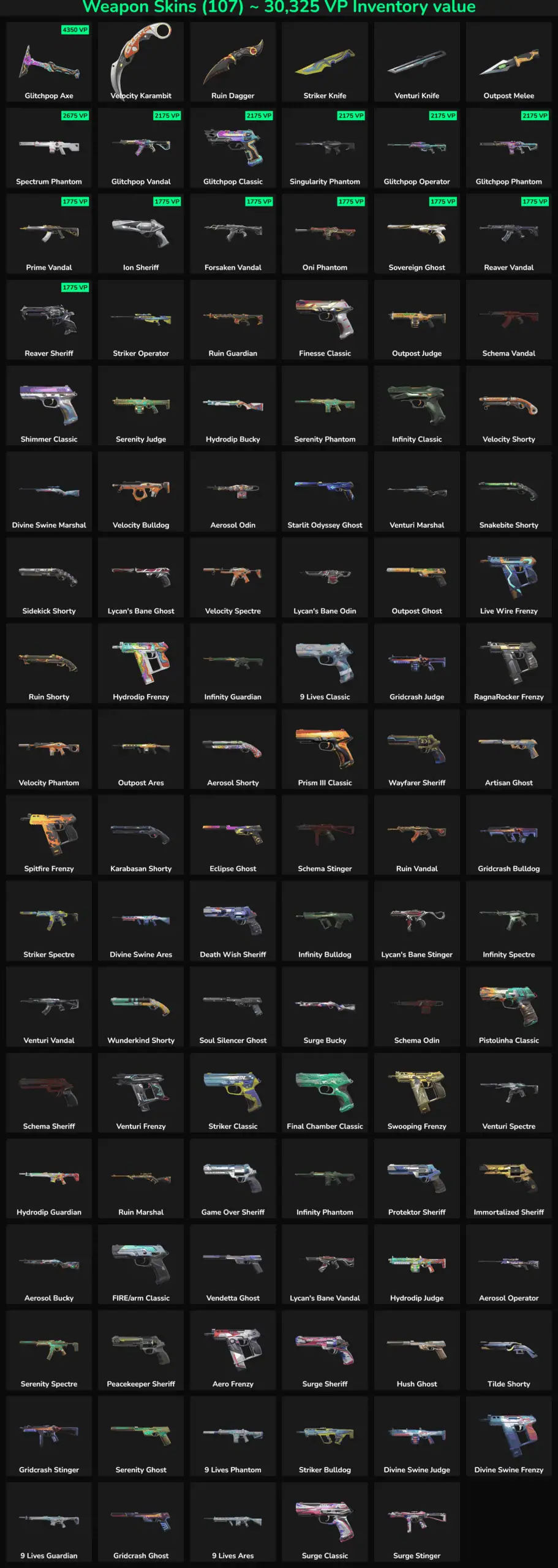 Collection of 107 inactive Fortnite skins for sale.