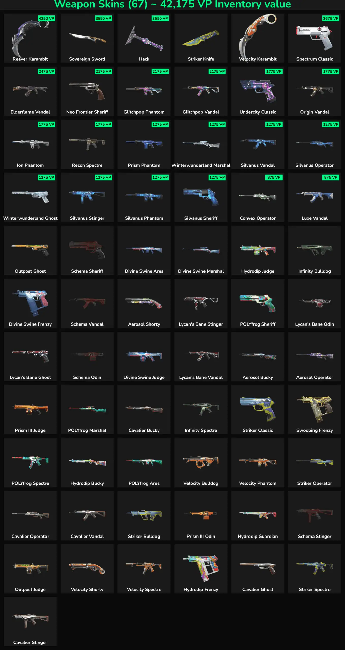 Collection of 67 inactive Fortnite skins for sale.