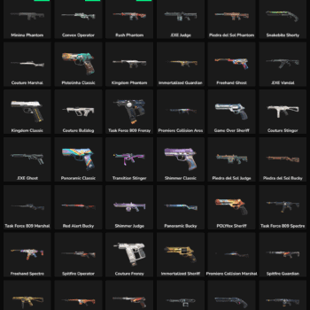 Collection of inactive Fortnite skins and weapons for sale.