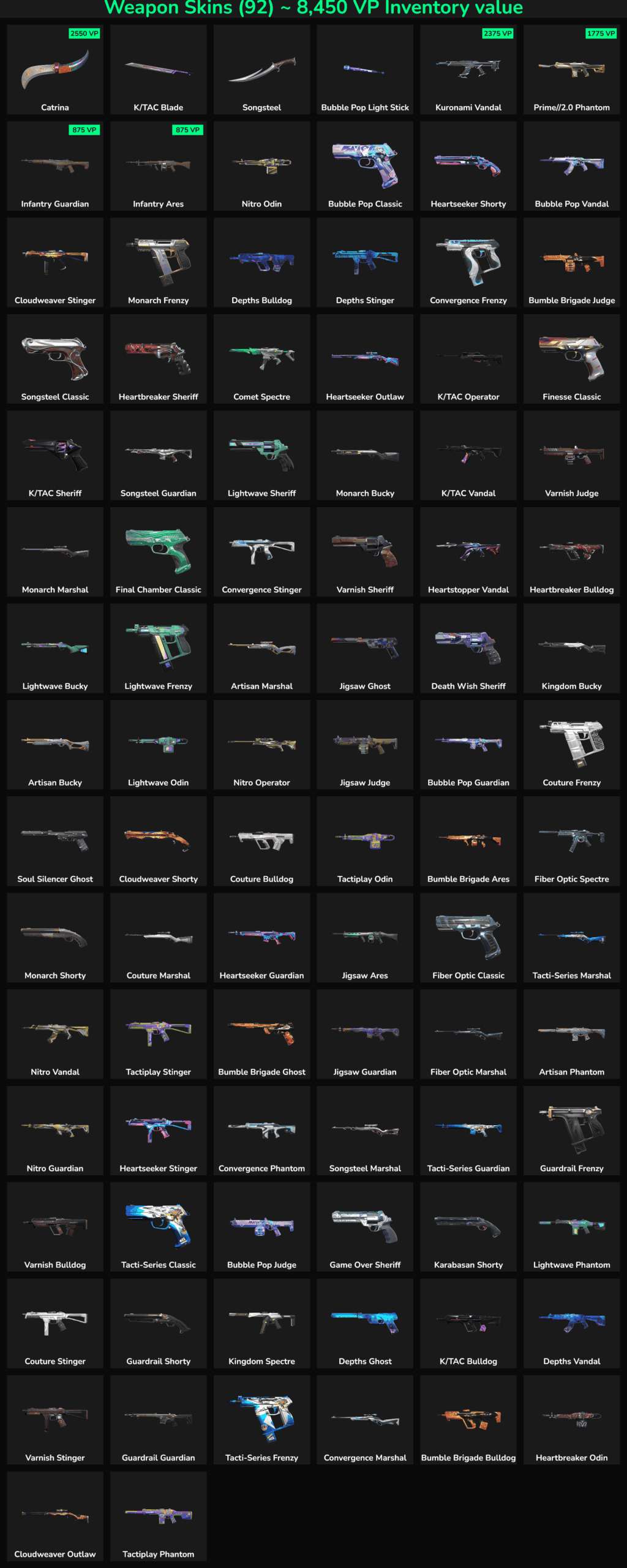 Fortnite weapon skins collection with inactive skins for NA region.