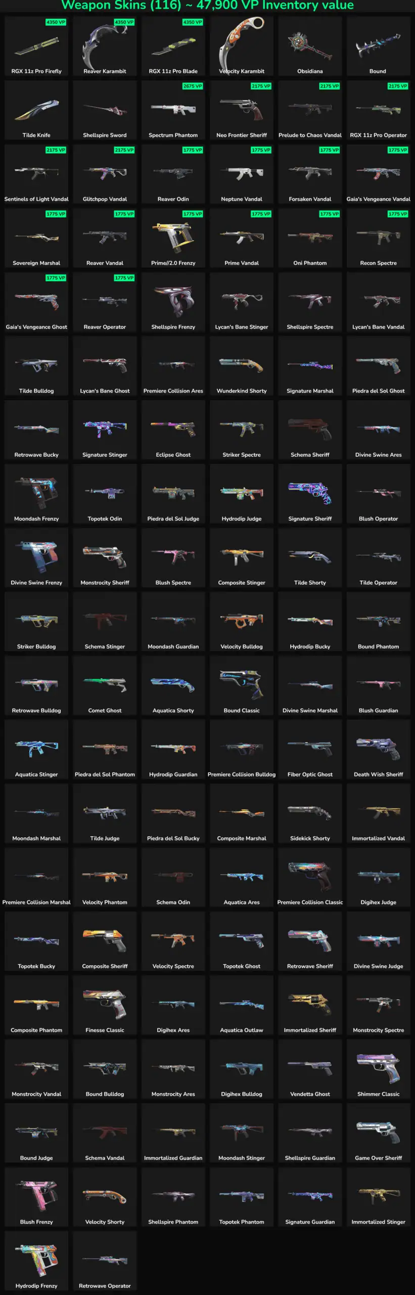 Image showing various inactive Fortnite skins and weapons.