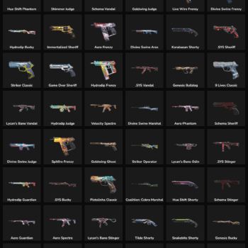 Collection of inactive Fortnite skins with various weapons and accessories.