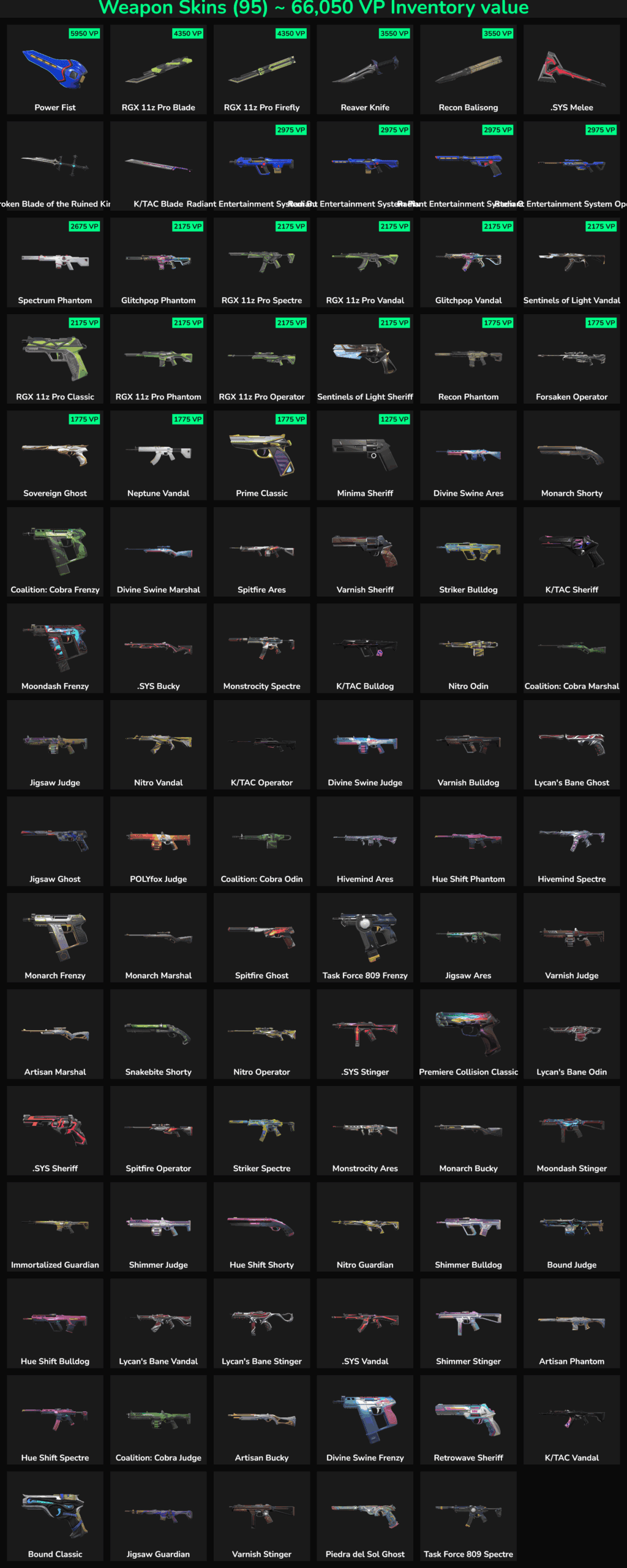 Collection of 95 inactive Fortnite skins with weapons and items for sale.