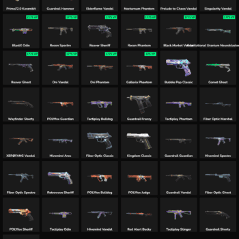 Image showing various Fortnite skins and weapons with their VP inventory value.