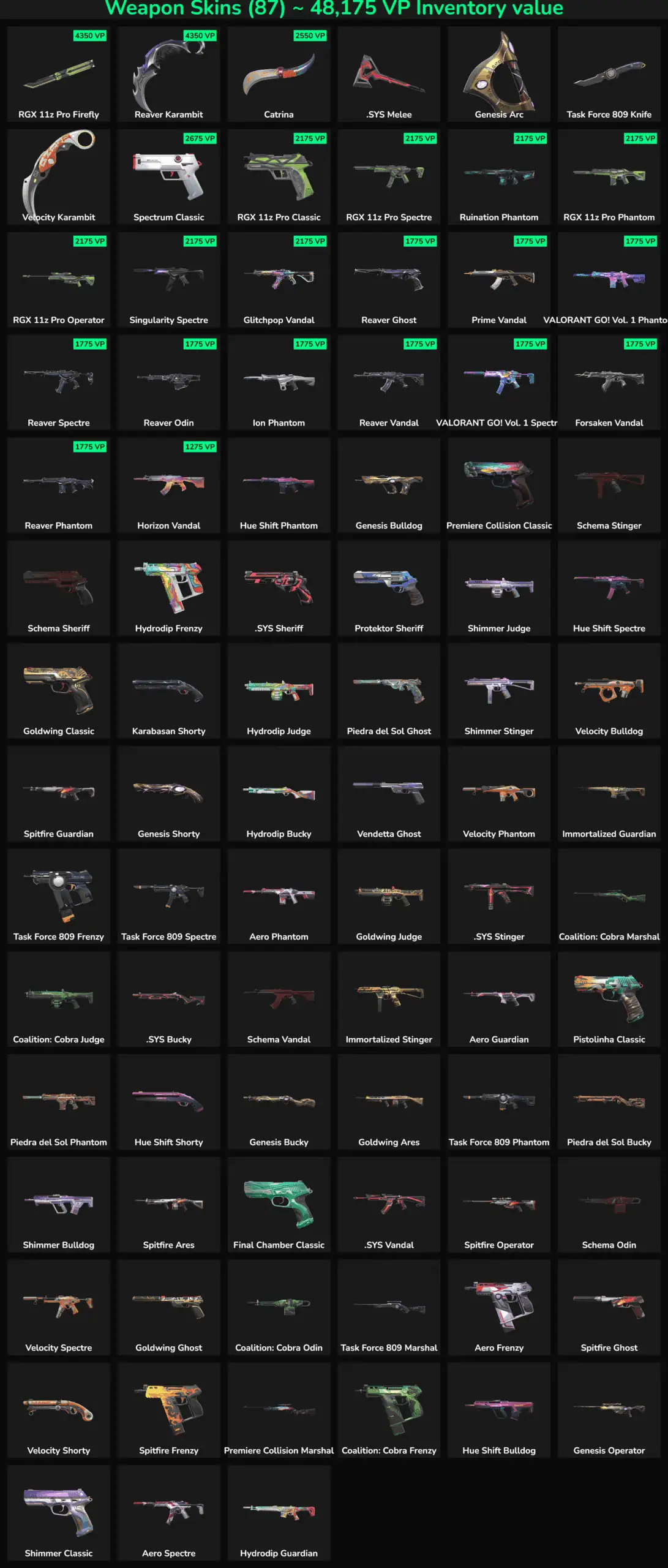 Image showing 87 Fortnite skins with inactive status.