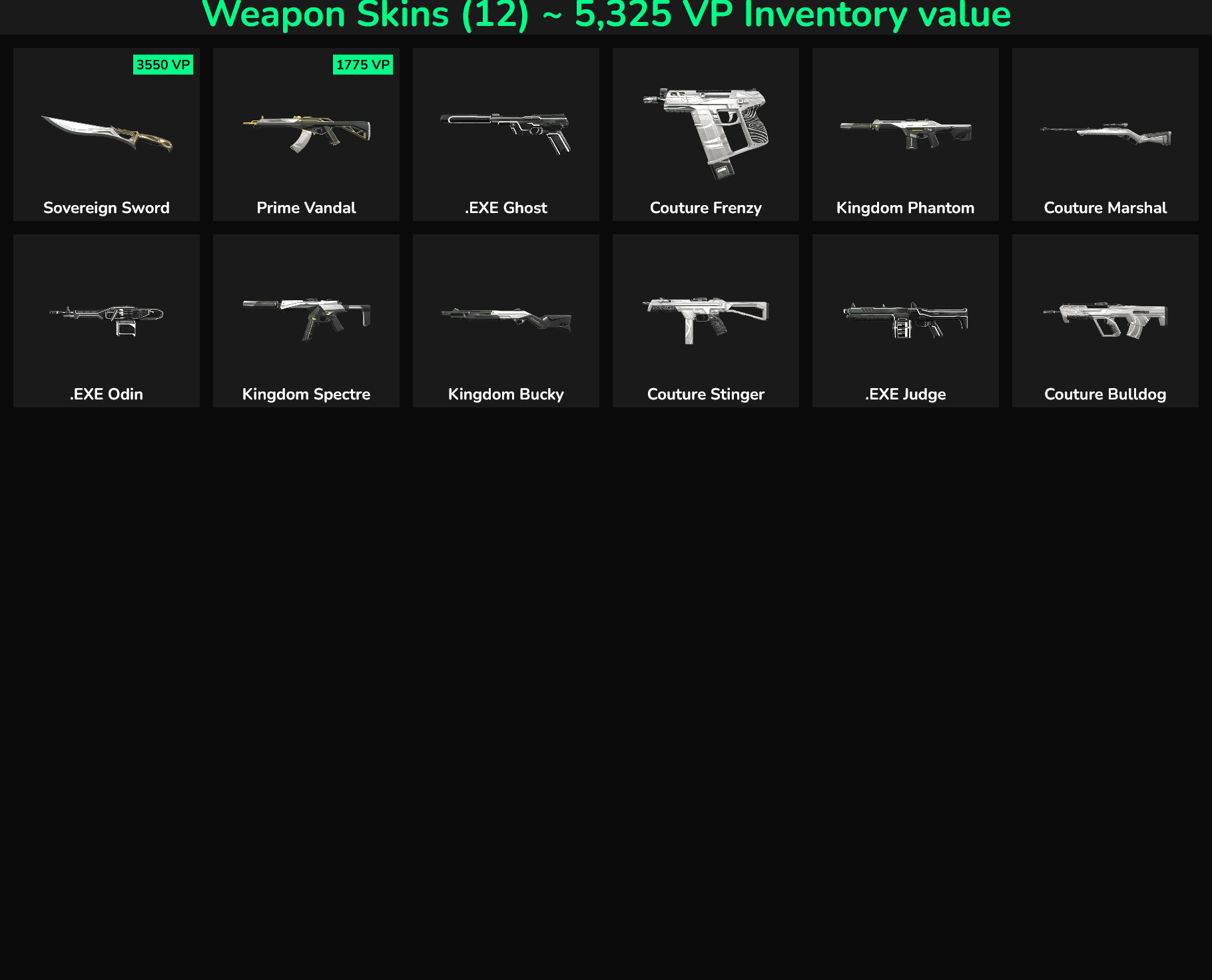 High-quality Fortnite skins and weapons for sale, including Sovereign Sword, Prime Vandal, and more.