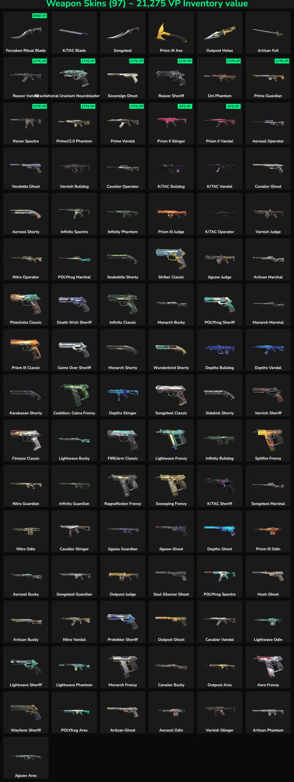 Fortnite weapon skins collection with inactive skins for NA region.