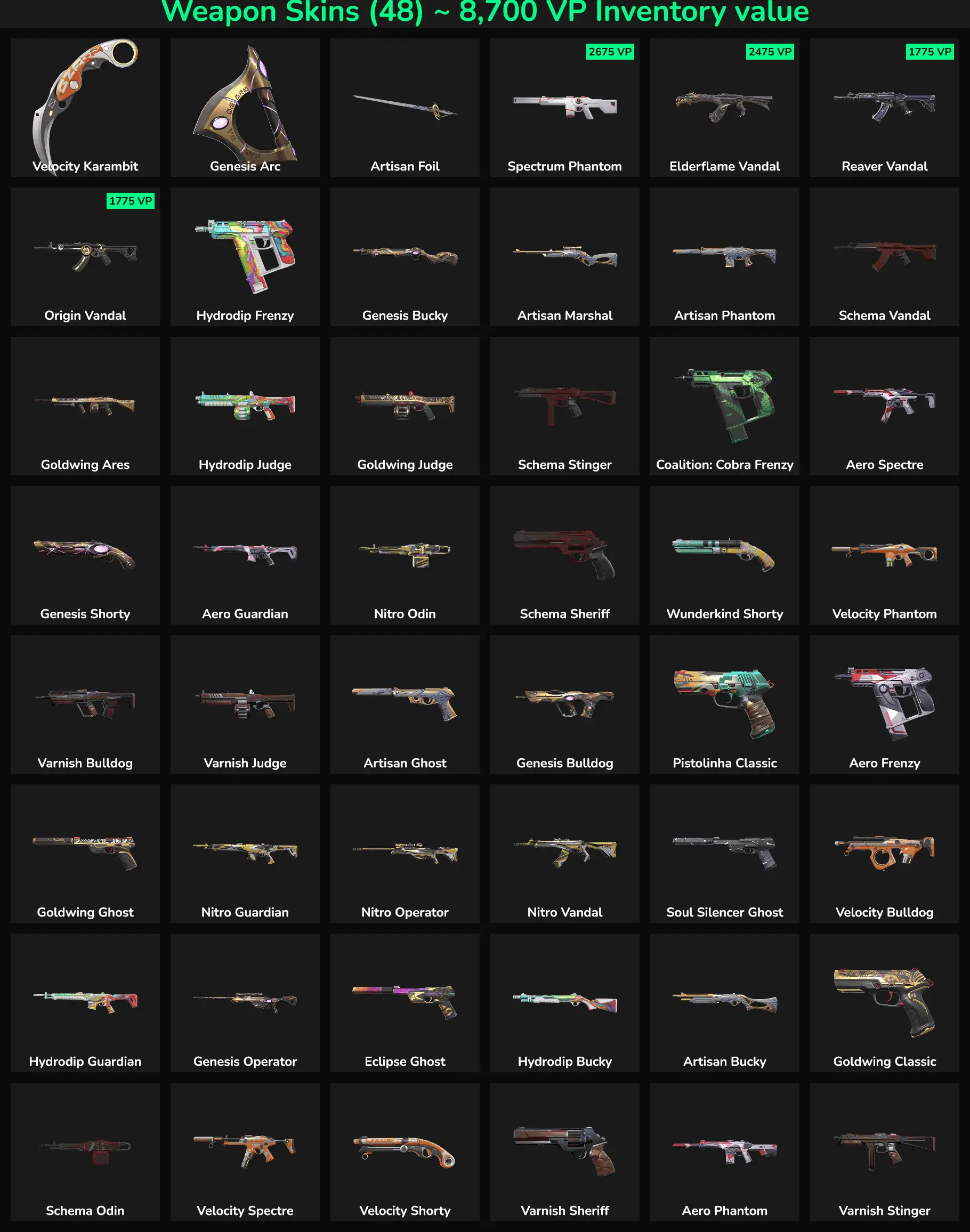 Fortnite skins inventory with 48 inactive skins, including popular characters and weapons.