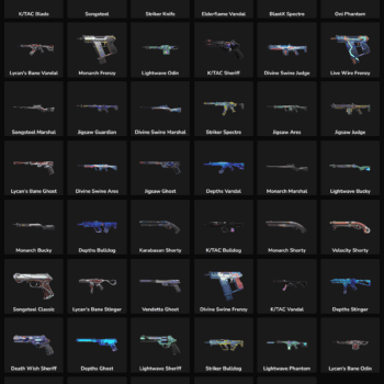 Fortnite skins inactive list with weapons and characters.