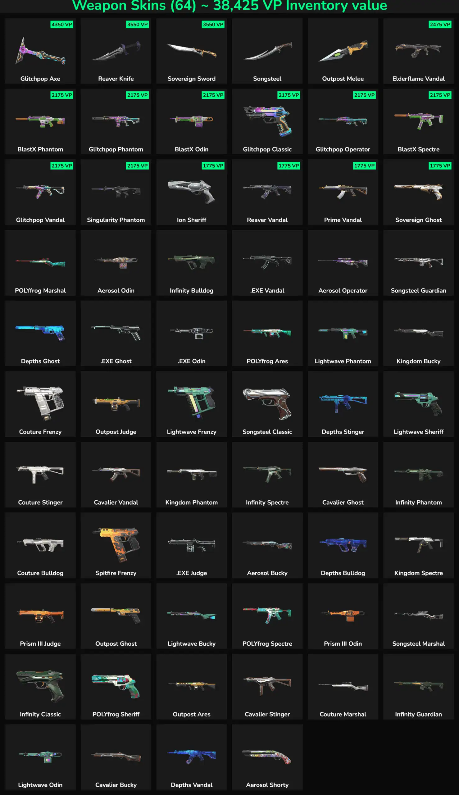 Fortnite account showcasing 64 inactive skins, including popular weapon skins and legendary items fo.