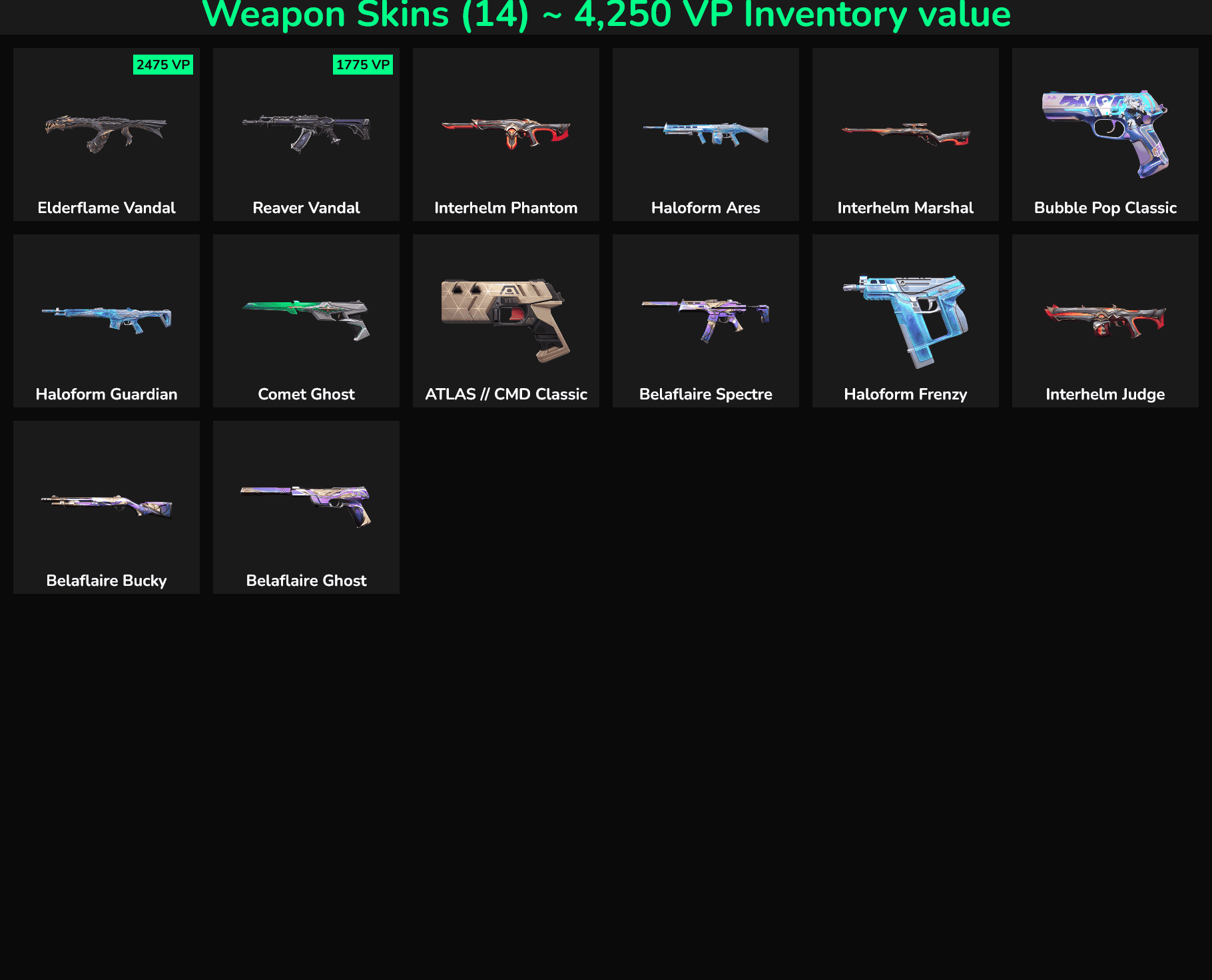 Image showing various Fortnite skins and guns with VP values, including Elderflame Vandal and Reaver.