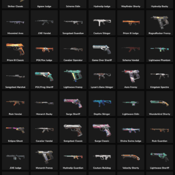 High-quality Fortnite weapon skins for sale, including rifles, shotguns, and pistols with unique des.