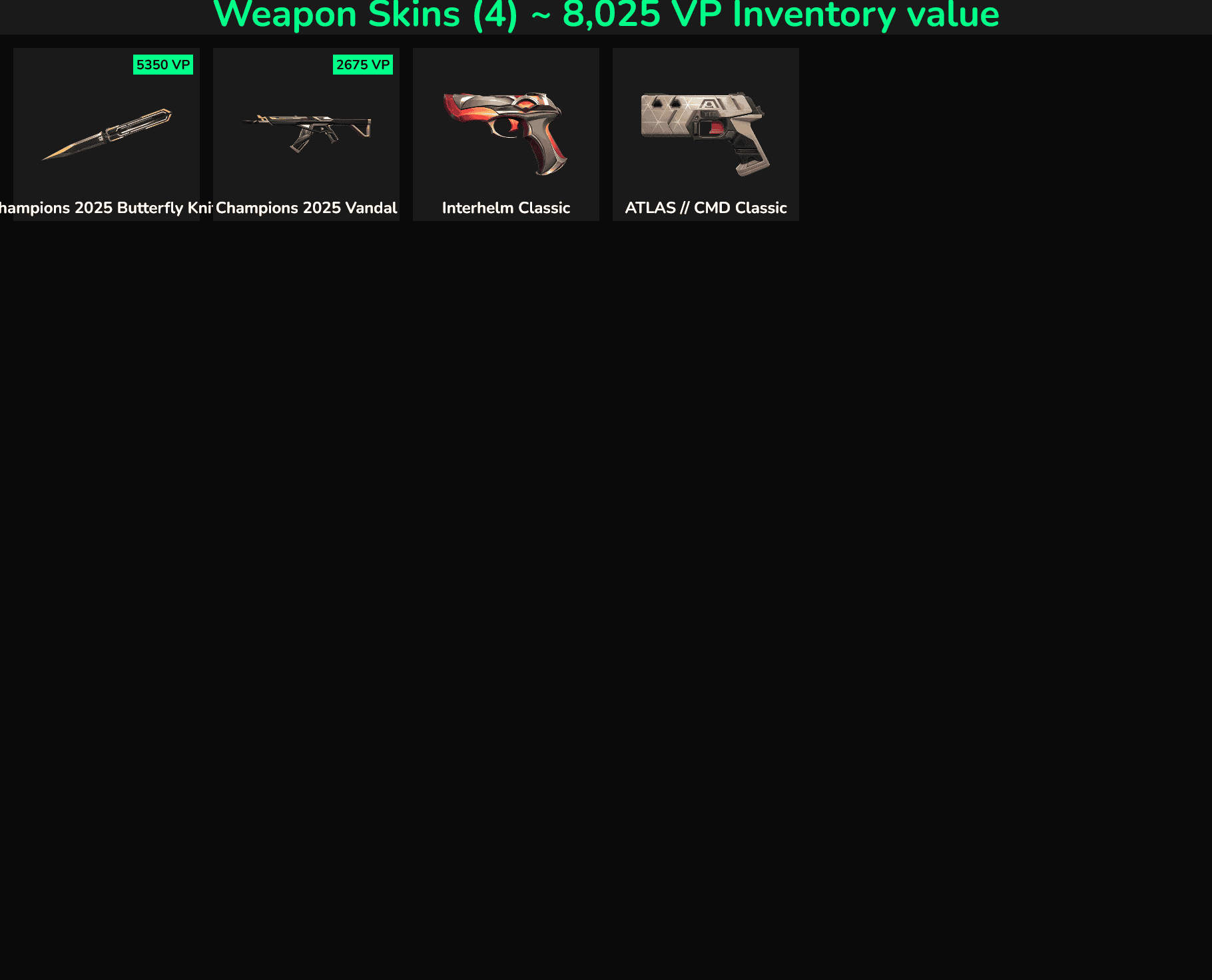 Collection of Fortnite weapon skins including Butterfly Knife, Interhelm Classic, ATLAS & CMD Classi.