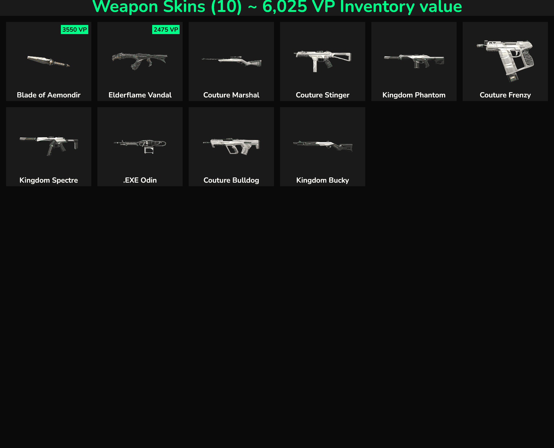 Collection of Fortnite weapon skins including Blade of Aemond, Elderflame Vandal, and more.