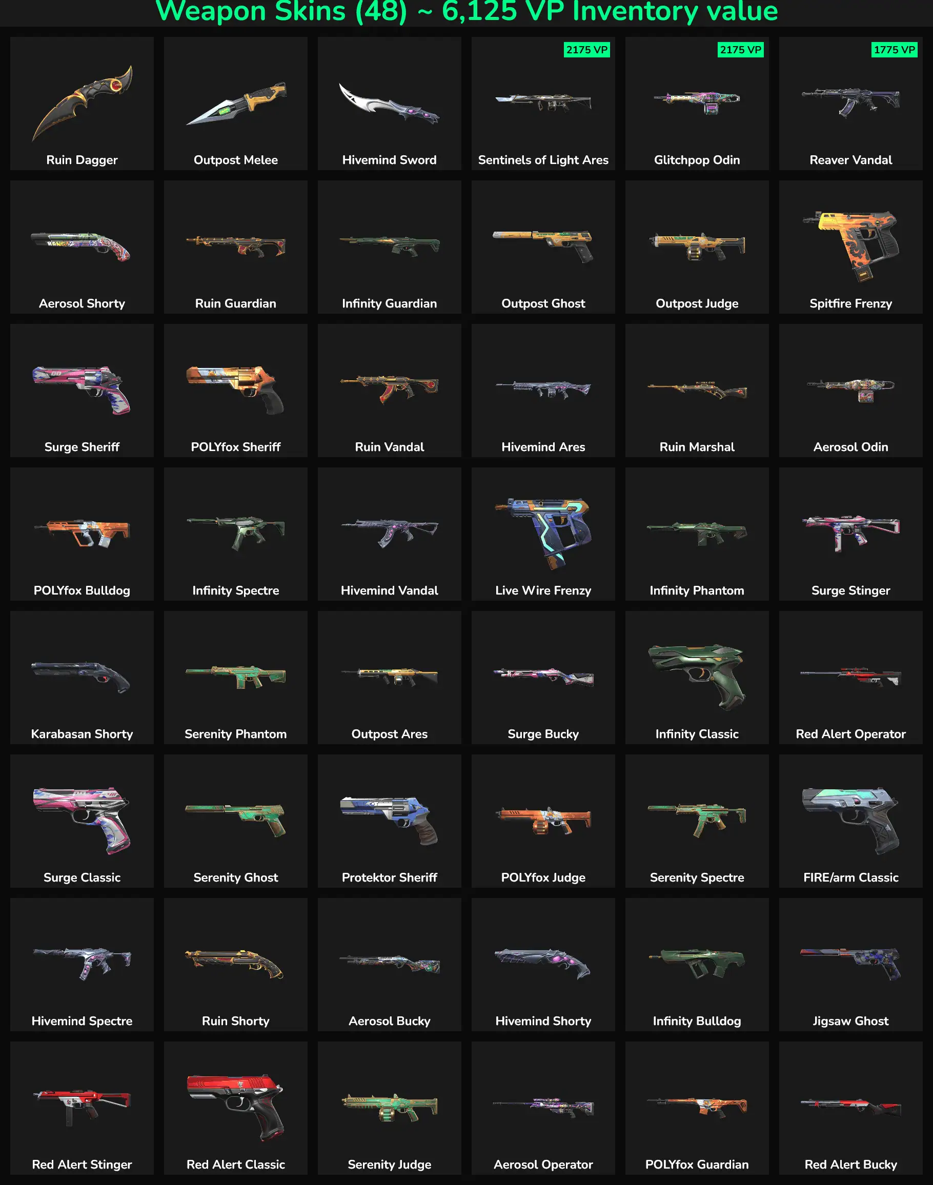 High-quality Fortnite weapon skins for sale, including Outpost Melee, Sentinel of Light, Reaver Vand.