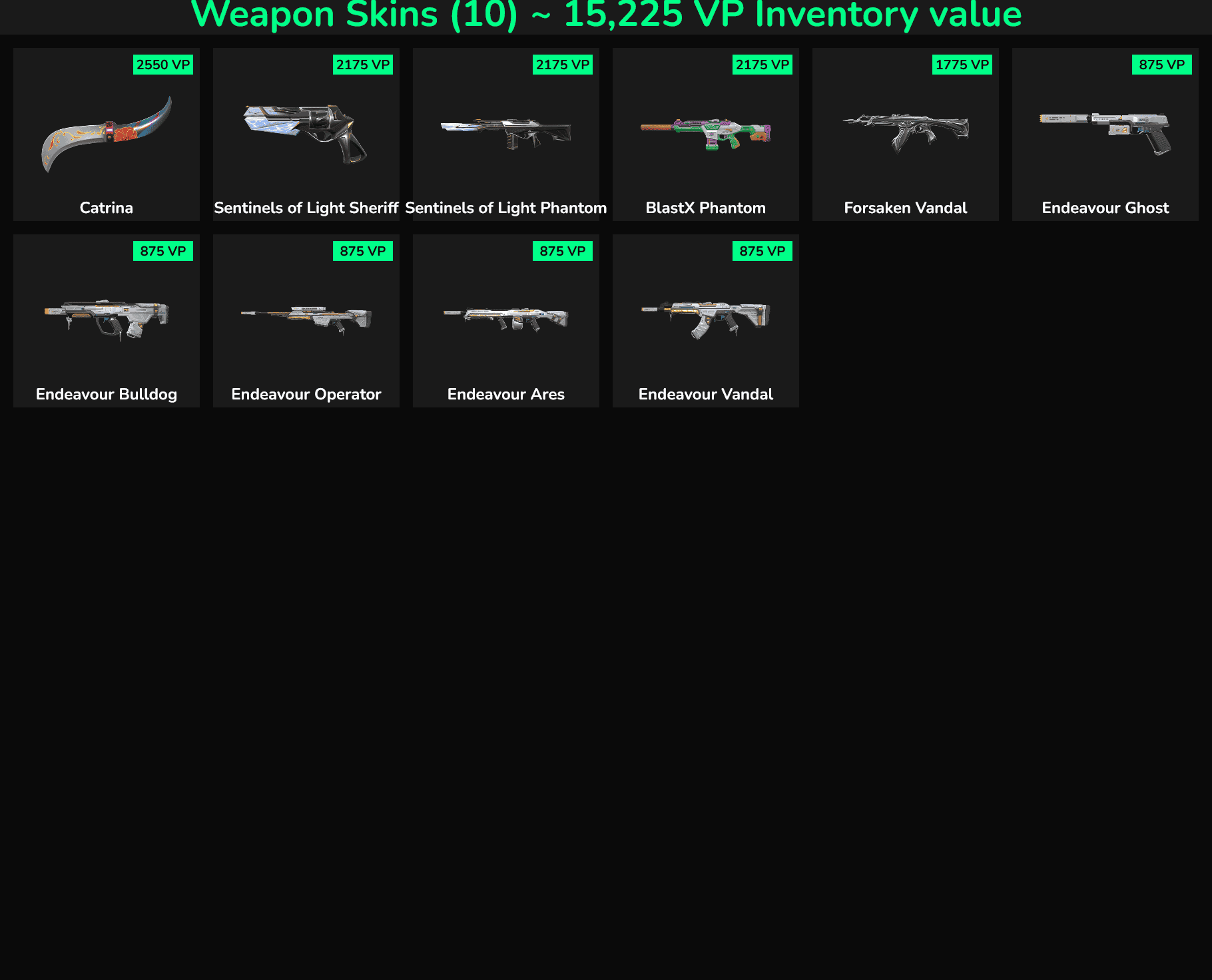 Fortnite weapon skins including Catrina, Sentinels, and Endeavour Ghost.