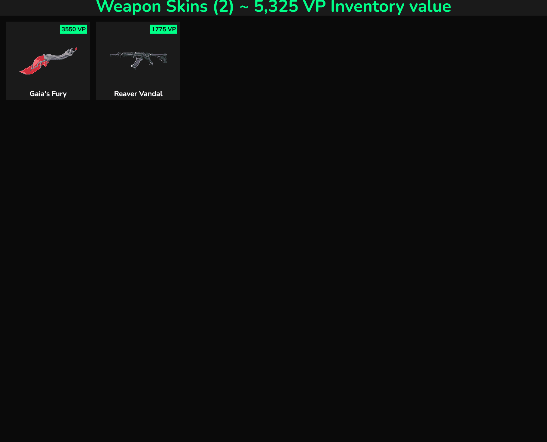 Fortnite weapon skins Gaia's Fury and Reaver Vandal with high inventory value.