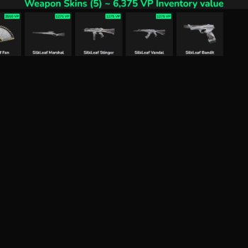 Fortnite weapon skins including SilkLeaf Fan, Marshal, Stinger, Vandal, and Bandit.