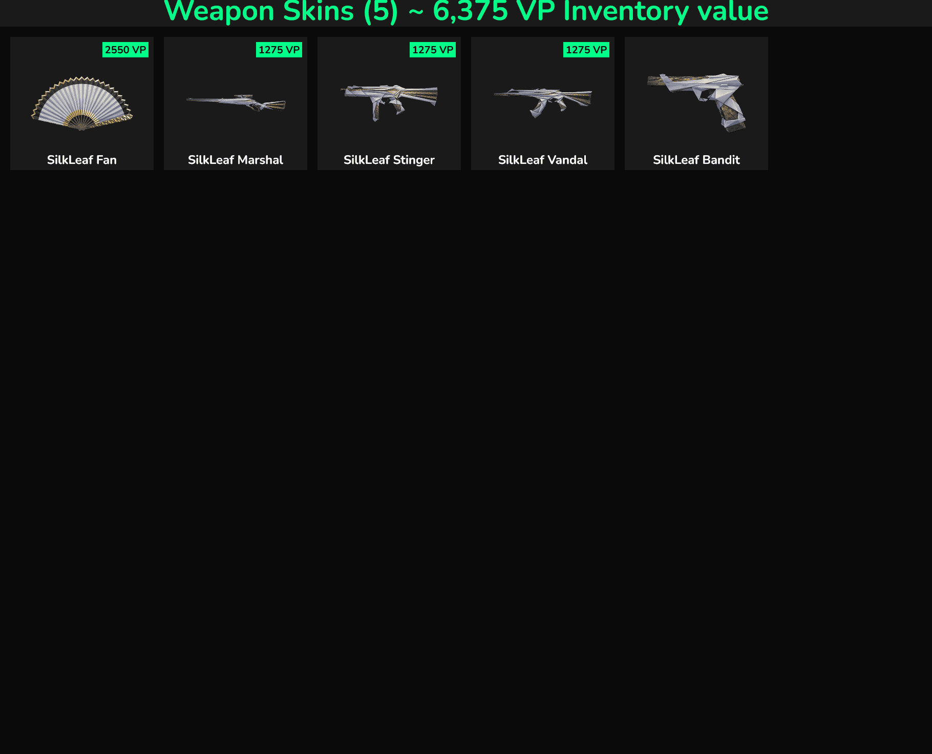 Fortnite weapon skins including SilkLeaf Fan, Marshal, Stinger, Vandal, and Bandit.