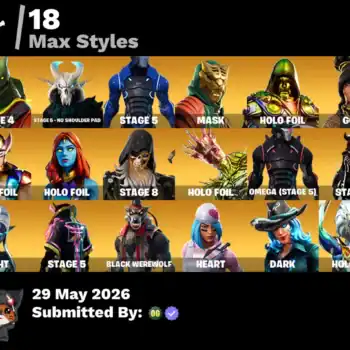 Fortnite skins with 18 max styles including masks, holo foil, and more.