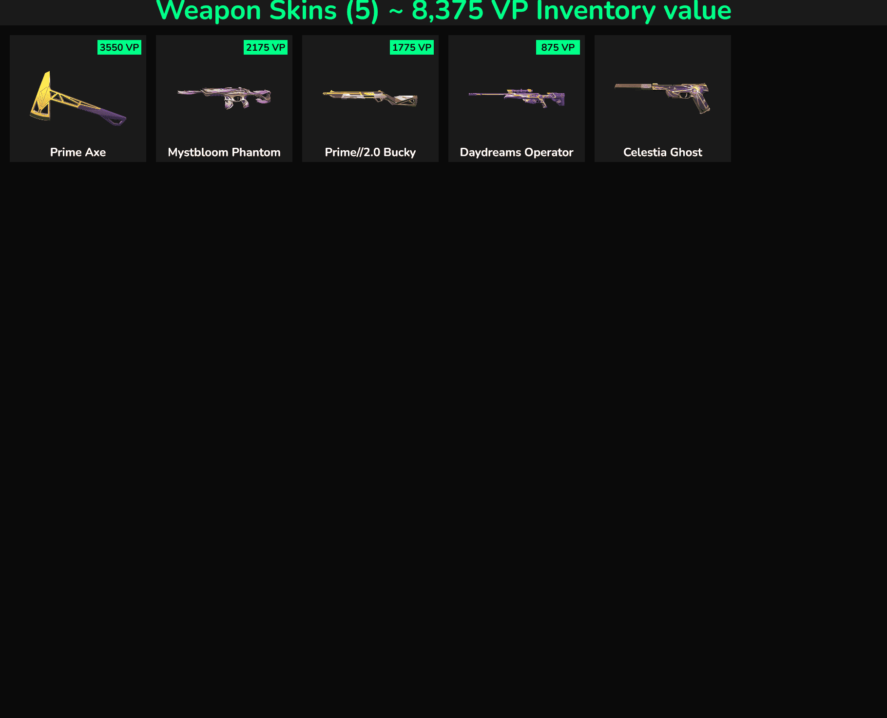 Weapon skins for Fortnite, Prime Axe, Mystbloom Phantom, Prime/2.0 Bucky, Daydreams Operator, Celest.