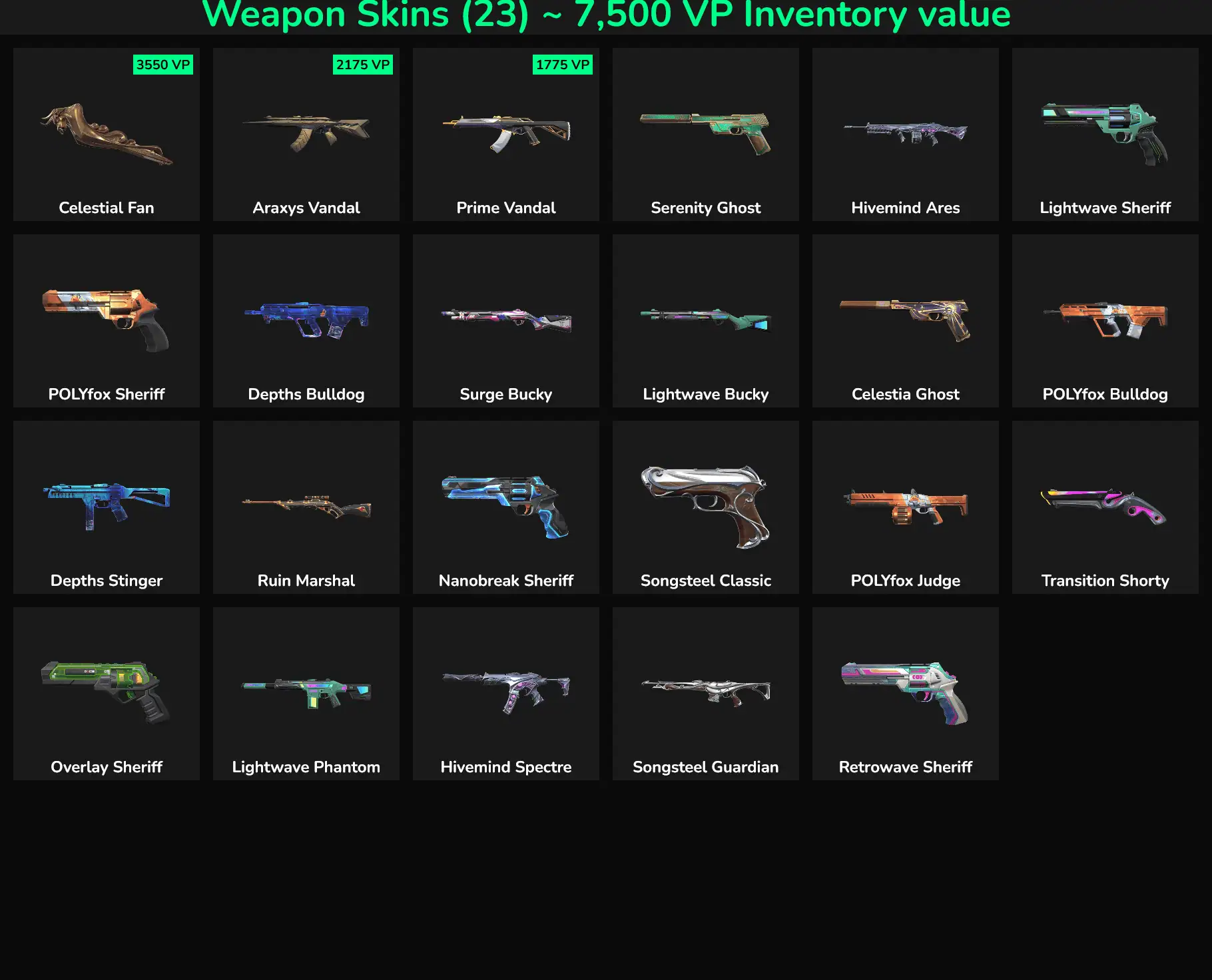High-quality Fortnite weapon skins for sale, including rifles, shotguns, and more, with VP values up.