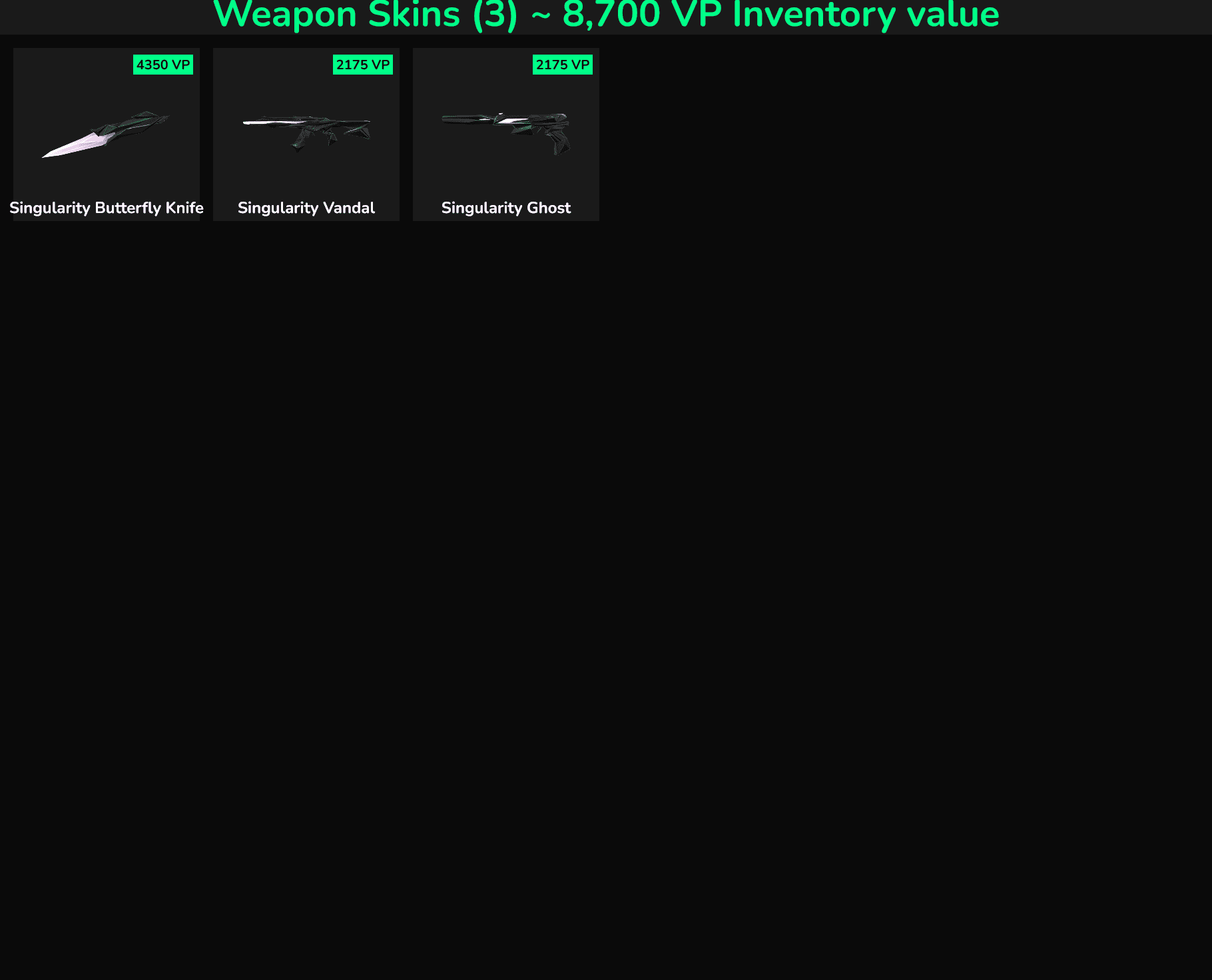 Fortnite weapon skins including Singularity Butterfly, Vandal, and Ghost skins with high VP value.