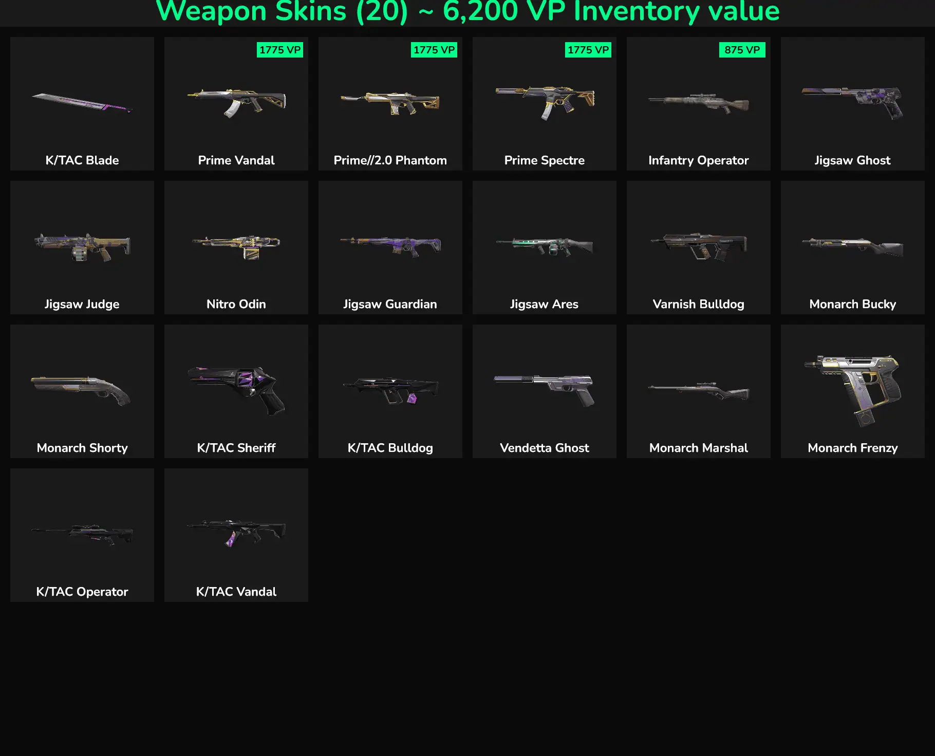 Collection of Fortnite weapon skins including K/TAC, Prime, Jigsaw, and Monarch series.