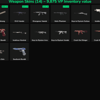 Collection of Fortnite weapon skins including Recon Balingson, EXO Vandal, Divergence Vandal, and mo.