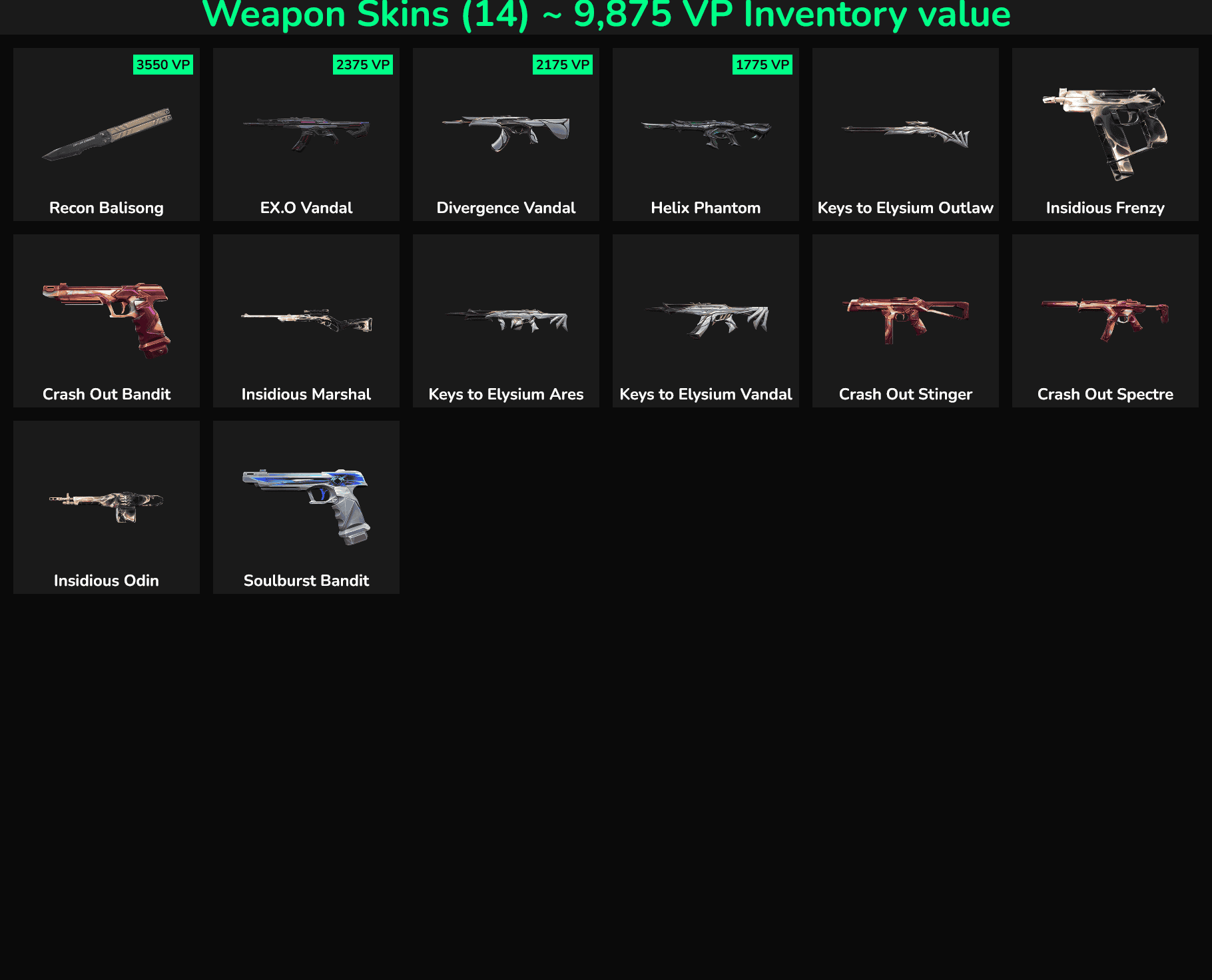Collection of Fortnite weapon skins including Recon Balingson, EXO Vandal, Divergence Vandal, and mo.