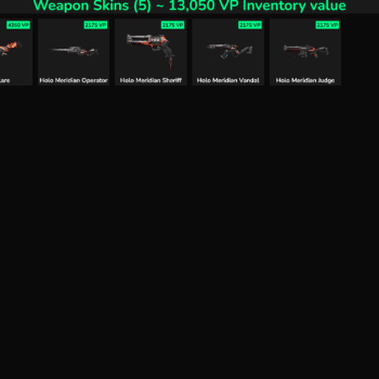 Fortnite weapon skins including Holo Meridian, Sheriff, Vandal, and Judge with VP values.