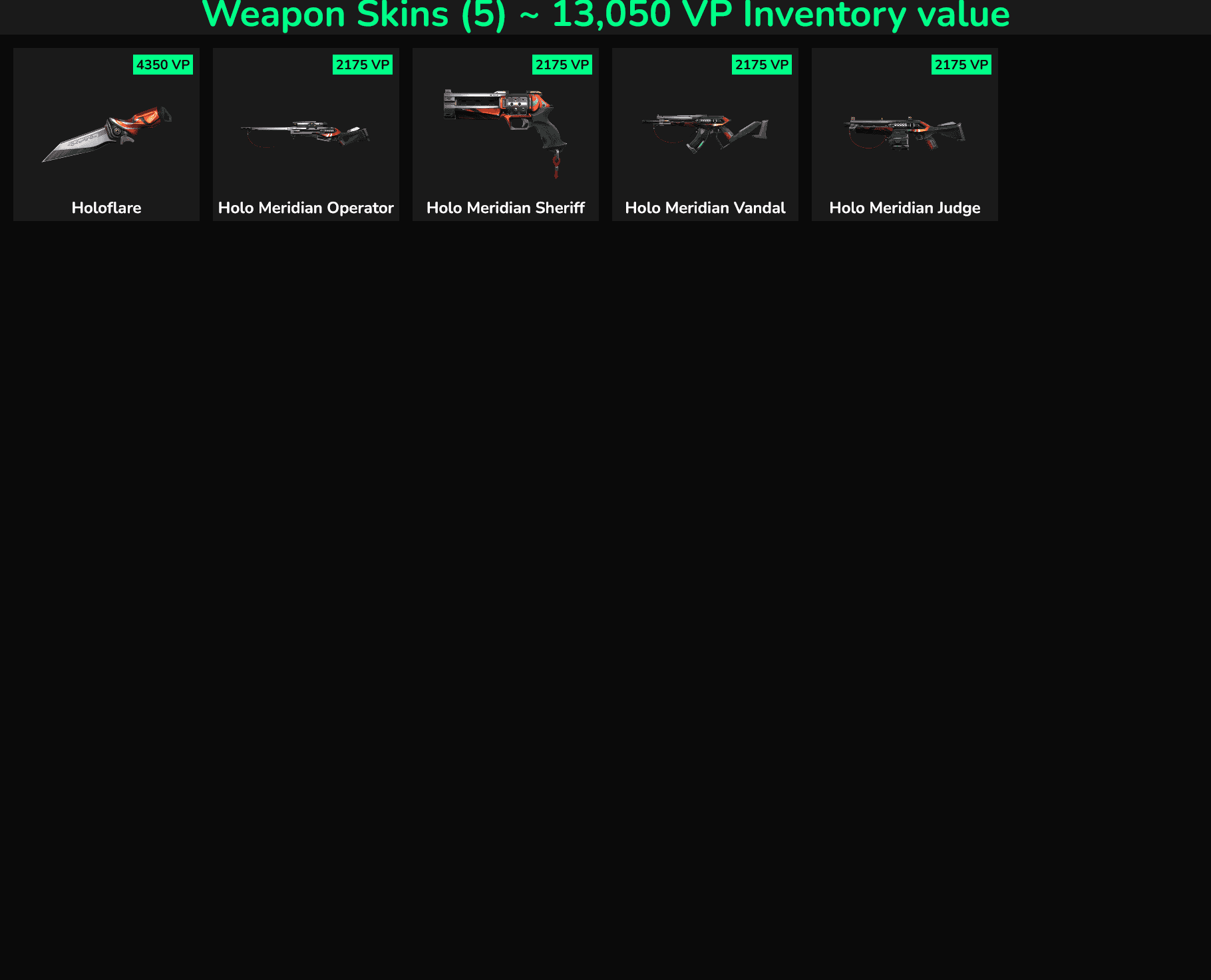 Fortnite weapon skins including Holo Meridian, Sheriff, Vandal, and Judge with VP values.