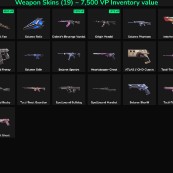 Collection of Fortnite weapon skins including Celestial Fan, Solarex Relic, Dolmr's Revenge Vandal,.