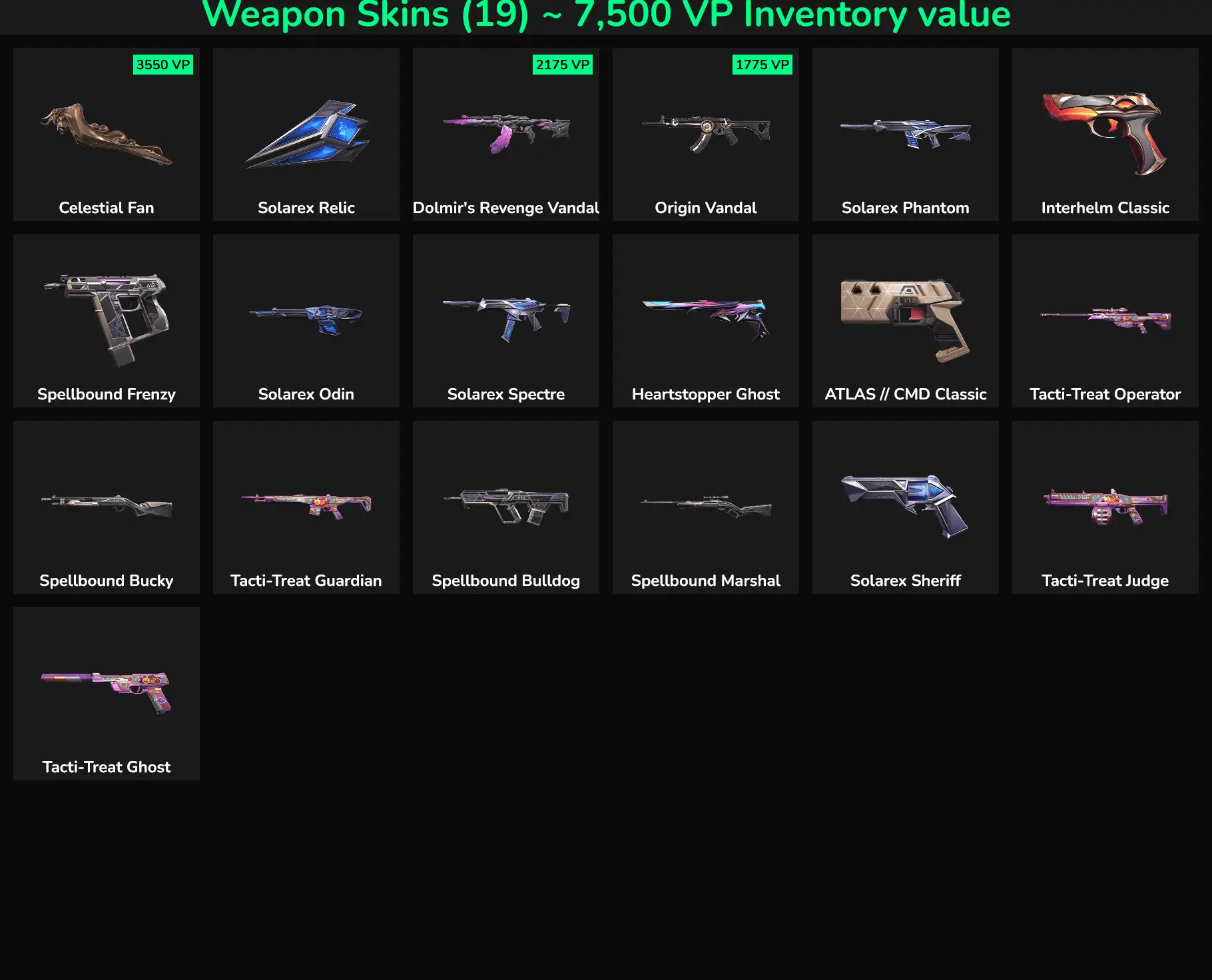Collection of Fortnite weapon skins including Celestial Fan, Solarex Relic, Dolmr's Revenge Vandal,.