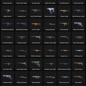 Fortnite weapon skins including rifles, shotguns, and pistols for gaming.