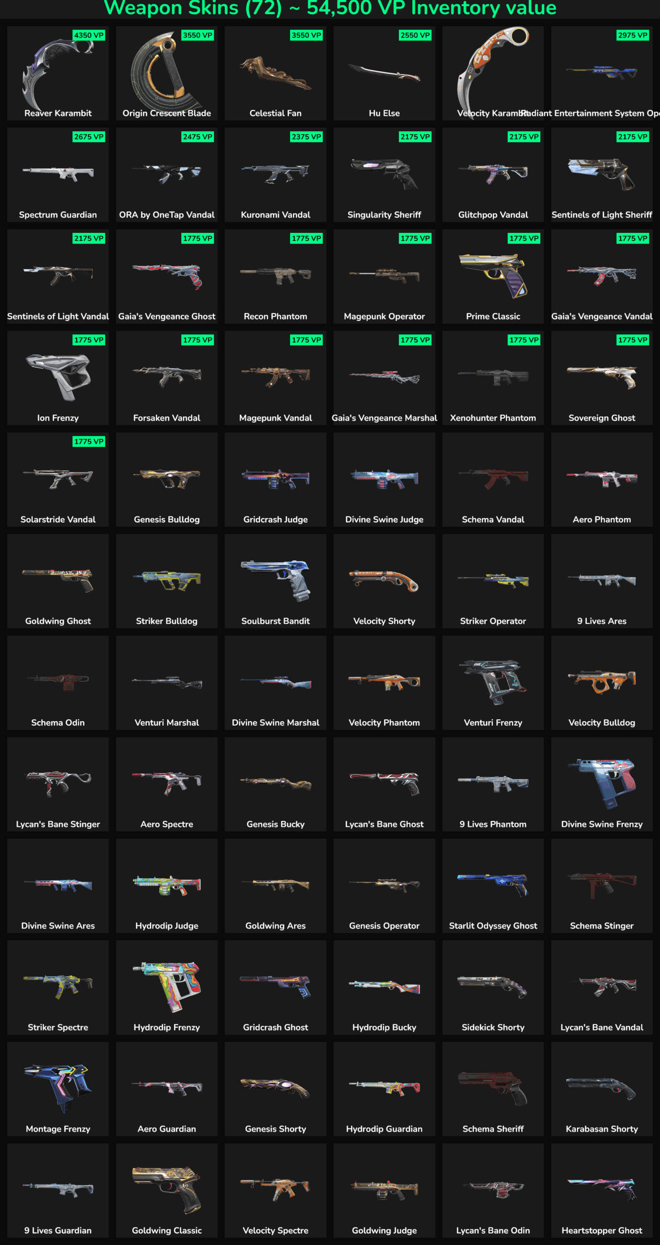 Fortnite weapon skins and cosmetics with high VP value, including legendary and epic skins for Fortn.