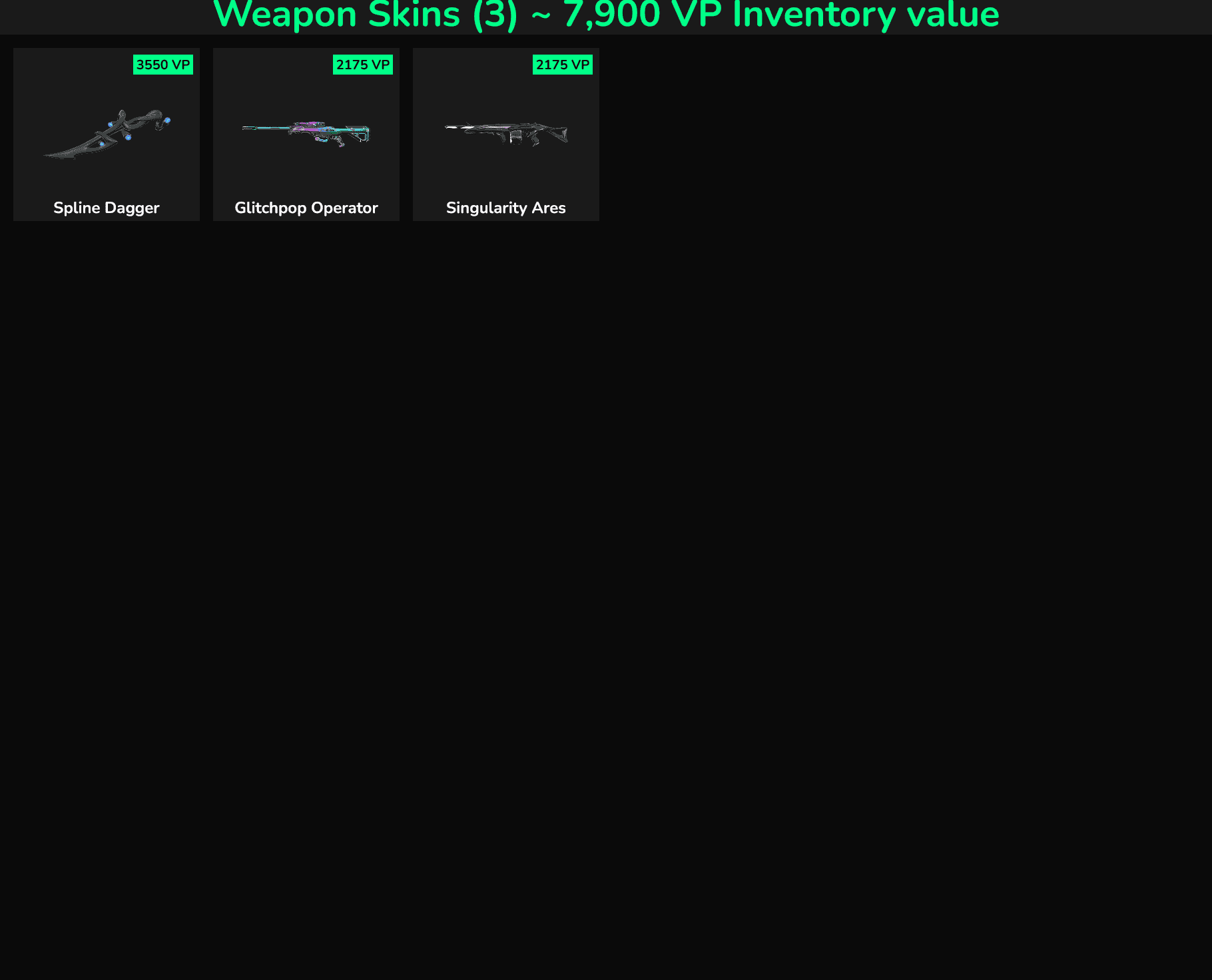 Fortnite weapon skins for sale, including Glitchpop Operator, Singularity Ares, and Spline Dagger.