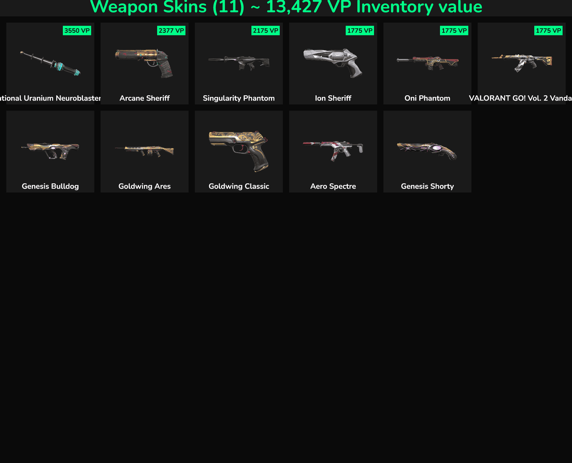 Fortnite weapon skins with VP values for sale.