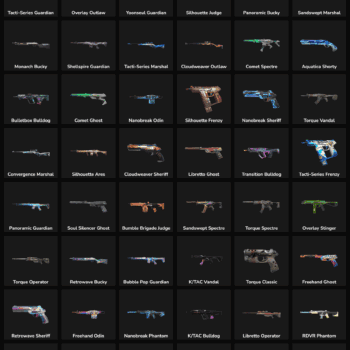 Collection of Fortnite weapon skins including rifles, pistols, and more.
