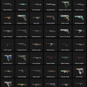 Fortnite weapon skins and items inventory with various guns and accessories.