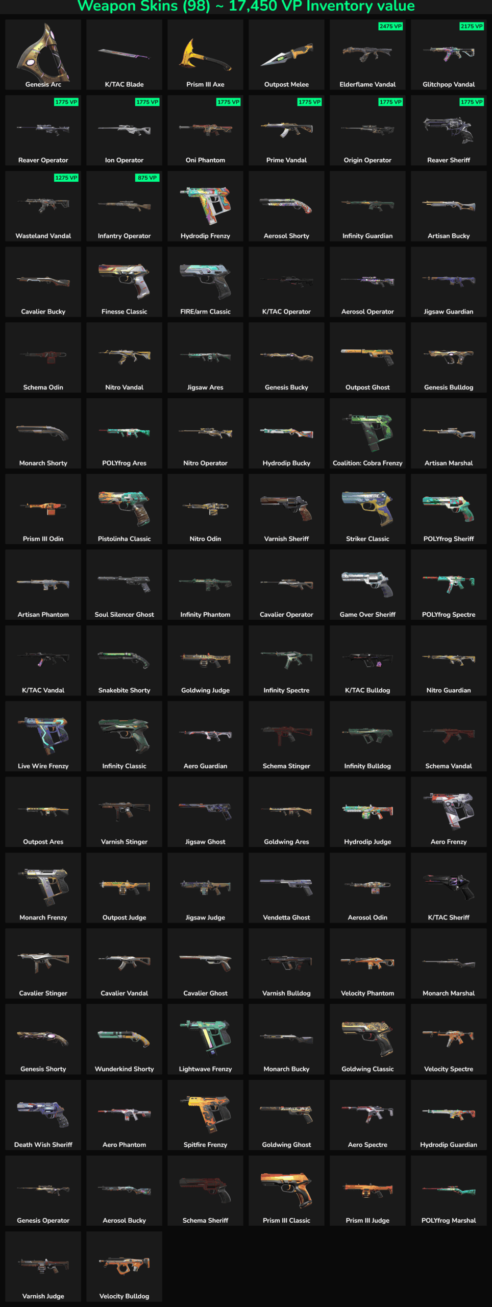 Fortnite weapon skins and items inventory with various guns and accessories.