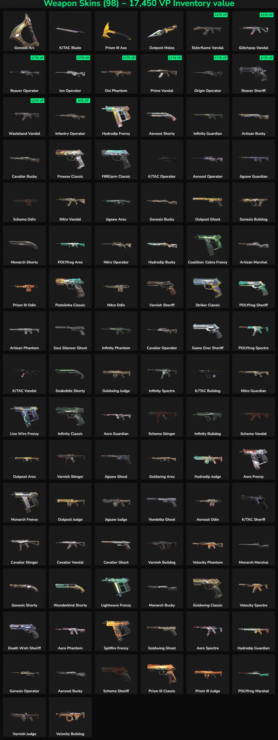 Fortnite weapon skins and items inventory with various guns and accessories.