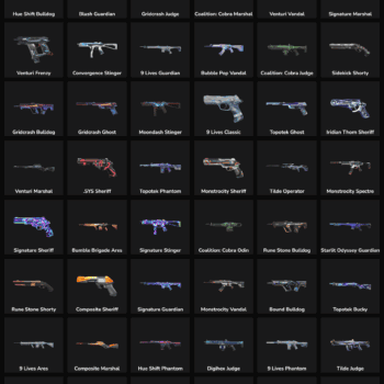 Fortnite weapon skins including pistols, rifles, and shotguns for sale.