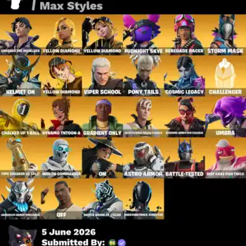 Fortnite skins including Storm Mask, Renegade Racer, and Viper School for sale.